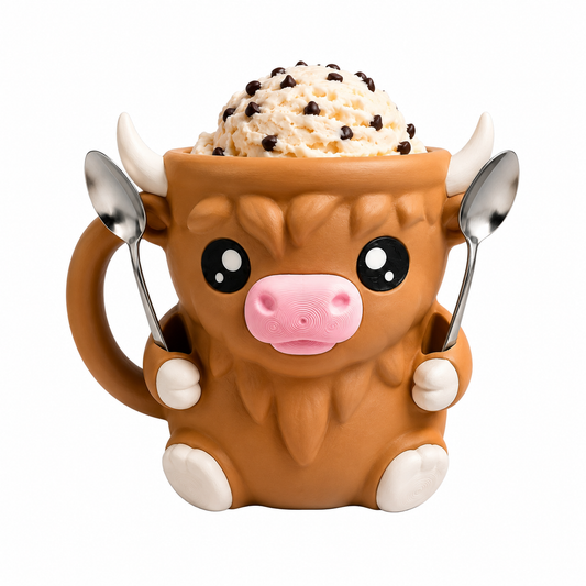 Highland Cow Ice Cream Tub Holder - 3D printed Highland cow-shaped ice cream tub holder by ELIT3D