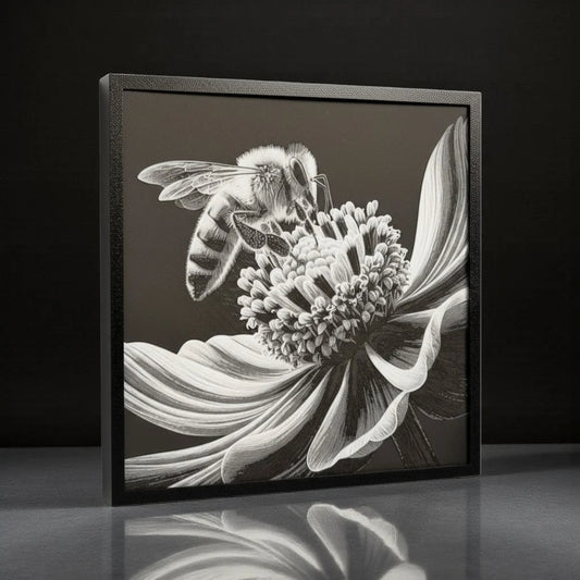 Pollinating Bee Framed 3D Art Print - framed 3D printed bee and flower wall art by ELIT3D