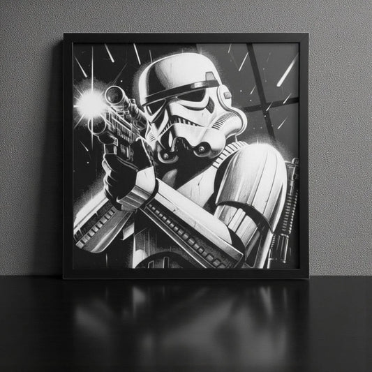 Space Trooper Framed 3D Fan Art Print - framed monochrome 3D printed trooper fan art by ELIT3D